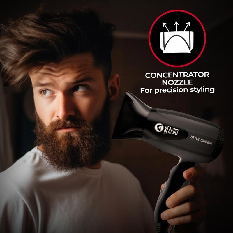Beardo Style Cannon Hair Dryer | Powerful 1000W airflow | Thermo Protect Technology with 2 Tempreature Settings | Precise styling with special concentrator nozzle | Hair Dryer for men Beardo Style Cannon Hair Dryer | Powerful 1000W airflow | Thermo Protect Technology with 2 Tempreature Settings | Precise styling with special concentrator nozzle | Hair Dryer for men