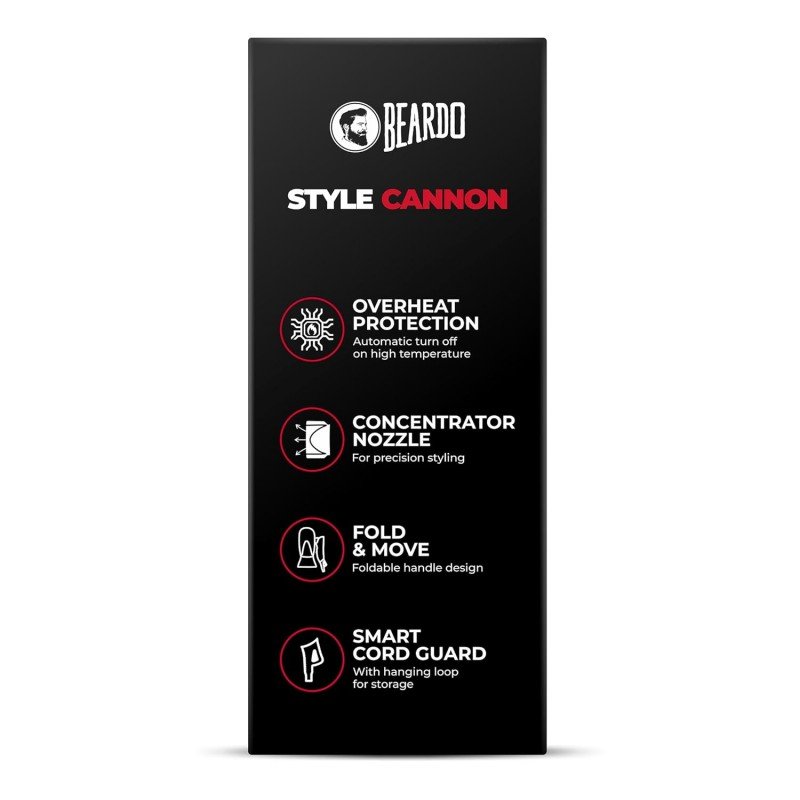 Beardo Style Cannon Hair Dryer | Powerful 1000W airflow | Thermo Protect Technology with 2 Tempreature Settings | Precise styling with special concentrator nozzle | Hair Dryer for men Beardo Style Cannon Hair Dryer | Powerful 1000W airflow | Thermo Protect Technology with 2 Tempreature Settings | Precise styling with special concentrator nozzle | Hair Dryer for men