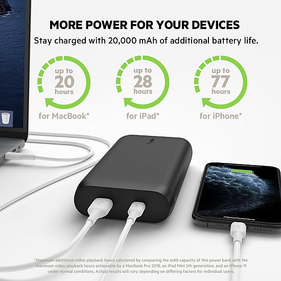 Belkin 20000 mAh 30W PD Power Bank for MacBook, Mobiles and Tablets with USB-C Port, USB-C Cable Included - Black