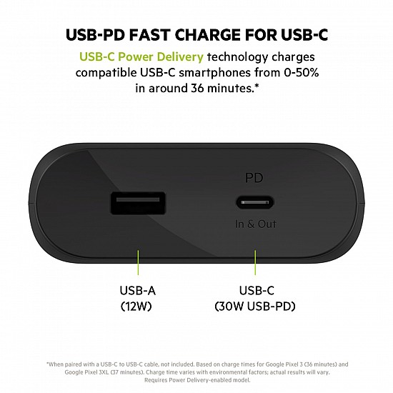 Belkin 20000 mAh 30W PD Power Bank for MacBook, Mobiles and Tablets with USB-C Port, USB-C Cable Included - Black