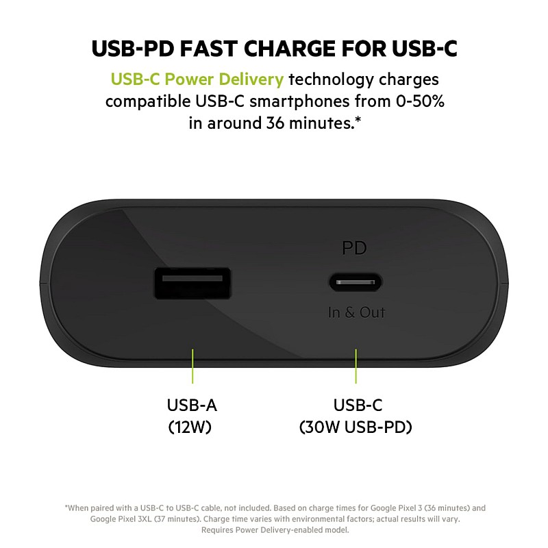 Belkin 20000 mAh 30W PD Power Bank for MacBook, Mobiles and Tablets with USB-C Port, USB-C Cable Included - Black