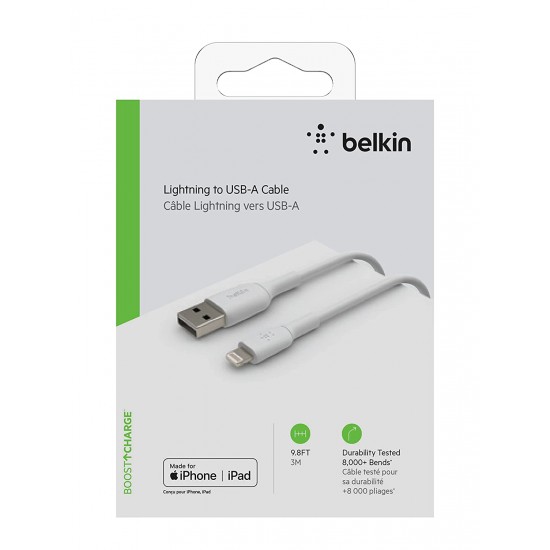 Belkin Apple Certified Lightning to USB Charge and Sync Cable for iPhone, iPad, Air Pods, 9.8 feet (3 meters) – White