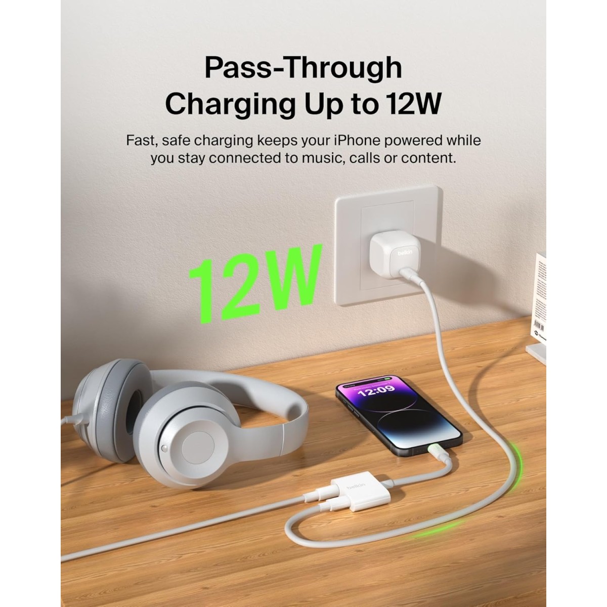 Belkin RockStar Lightning to 3.5mm Audio Cable + Audio Charger Splitter, 2-in-1 Aux iPhone Headphone and Charger Adapter - Compatible with iPhone 14, 13, 12, 11, X, and More - White