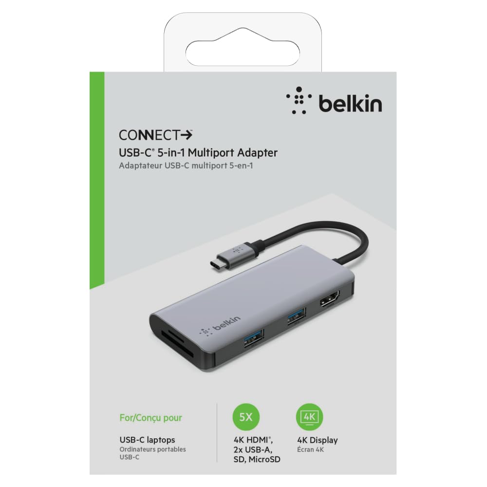 Belkin USB C Hub, 5-in-1 Multiport Adapter Dock with 4K Hdmi, 2 X USB A 3.1, Sd Card Slot and Microsd for MacBook Pro, Air, Ipad Pro, Xps and More Belkin USB C Hub, 5-in-1 Multiport Adapter Dock with 4K Hdmi, 2 X USB A 3.1, Sd Card Slot and Microsd for MacBook Pro, Air, Ipad Pro, Xps and More