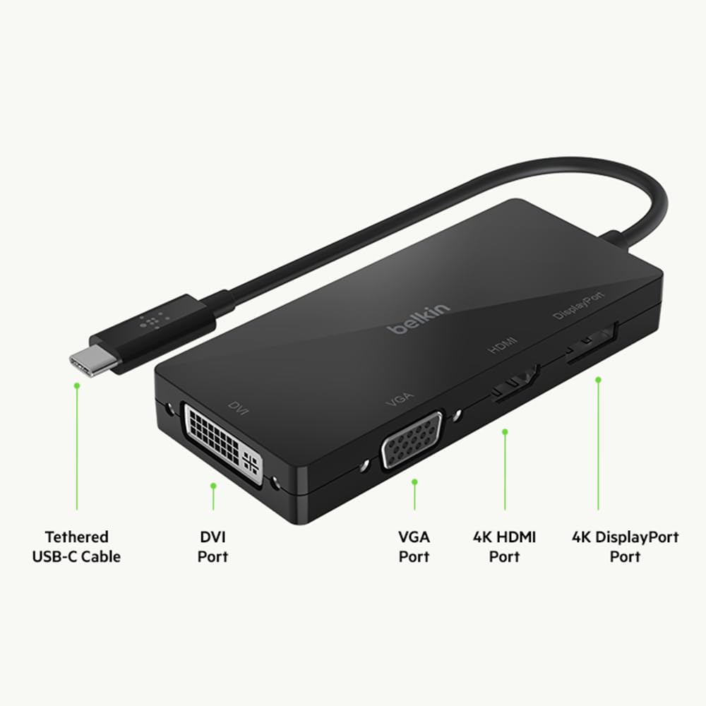 Belkin USB-C Multi Port Display Adapter (with Tethered USB-C Cable) - Connectivity for USB-C to DVI Port, VGA Port, 4K HDMI Port, Compatible with Mac and Windows laptops and Other USB-C Devices Belkin USB-C Multi Port Display Adapter (with Tethered USB-C Cable) - Connectivity for USB-C to DVI Port, VGA Port, 4K HDMI Port, Compatible with Mac and Windows laptops and Other USB-C Devices