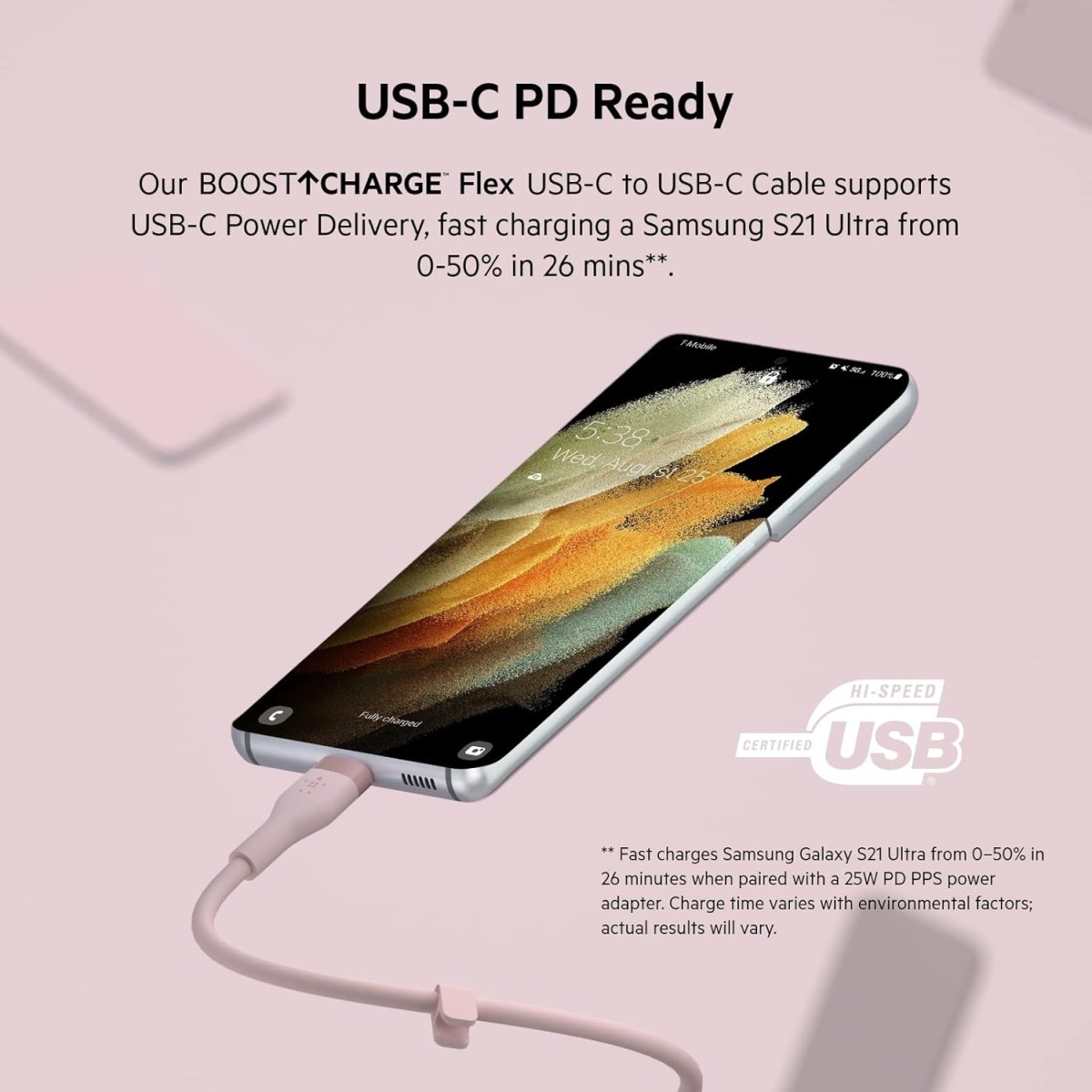 Belkin USB-C to USB-C Fast Charging Type C Cable, Charge and Sync Ultra Flexible Silicone Cable, 60W PD, USB-IF Certified 3.3 feet (1 meters) – Pink