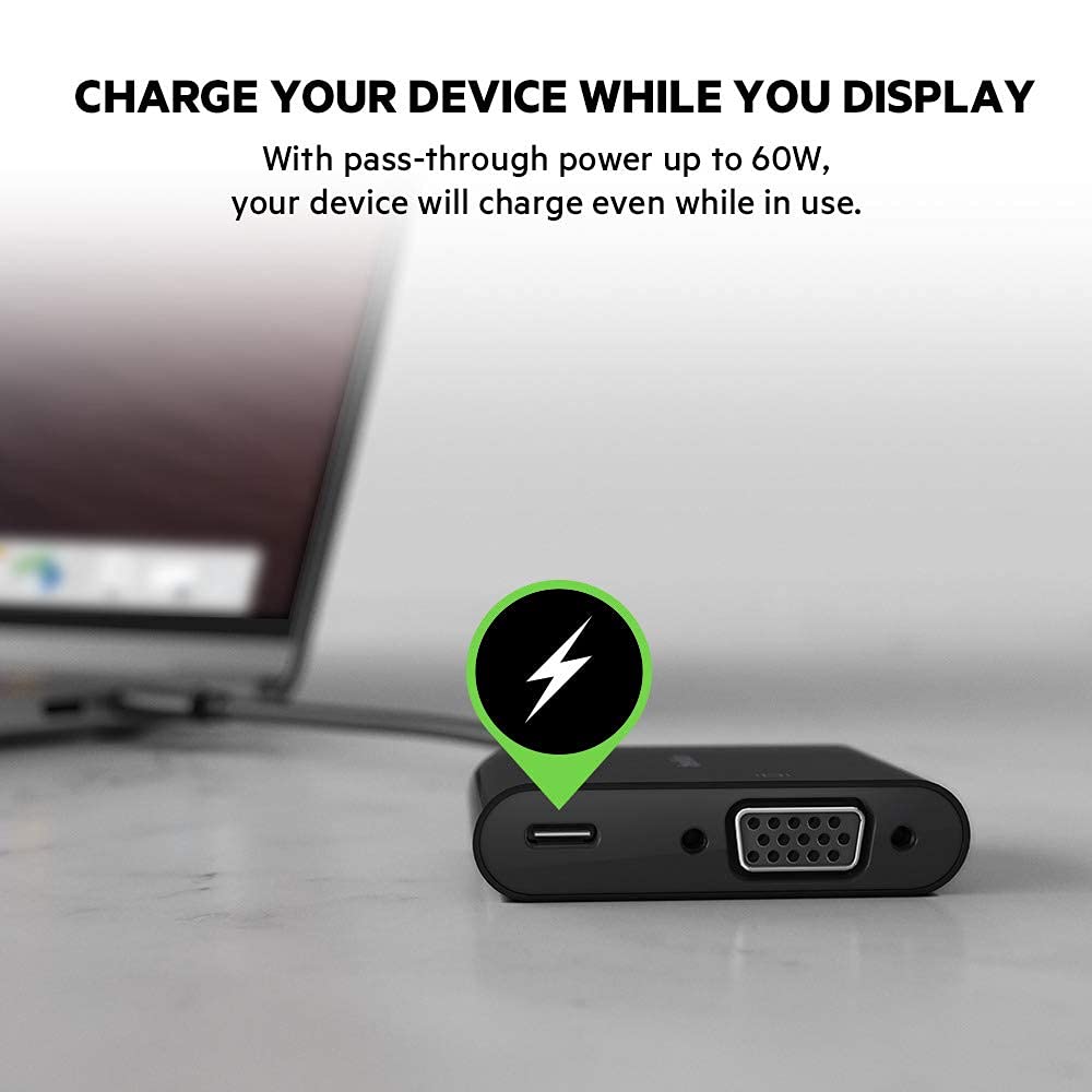 Belkin USB-C to VGA Adapter + Charge (Supports HD 1080p Video Resolution, 60W Pass-Through Power for Connected Devices) MacBook Pro VGA Adapter, Black Belkin USB-C to VGA Adapter + Charge (Supports HD 1080p Video Resolution, 60W Pass-Through Power for Connected Devices) MacBook Pro VGA Adapter, Black