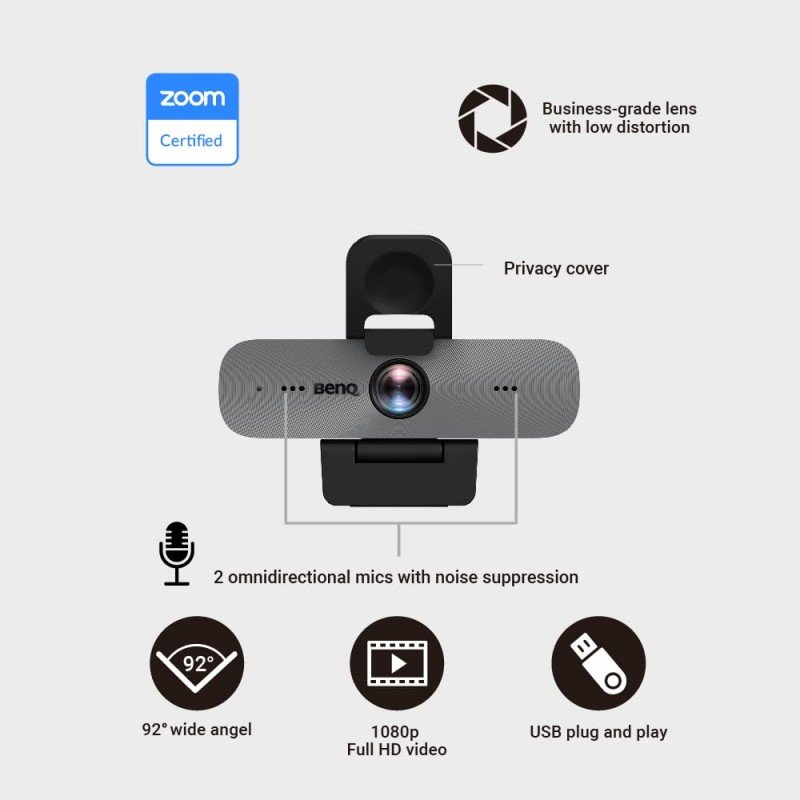BenQ DVY31 Zoom™ Certified 1080p Full HD Compact Webcam, Privacy Cover, Omnidirectional Mics with Noise Suppression, Wide Field of View, Low Distortion, Digital Zoom, Black BenQ DVY31 Zoom™ Certified 1080p Full HD Compact Webcam, Privacy Cover, Omnidirectional Mics with Noise Suppression, Wide Field of View, Low Distortion, Digital Zoom, Black