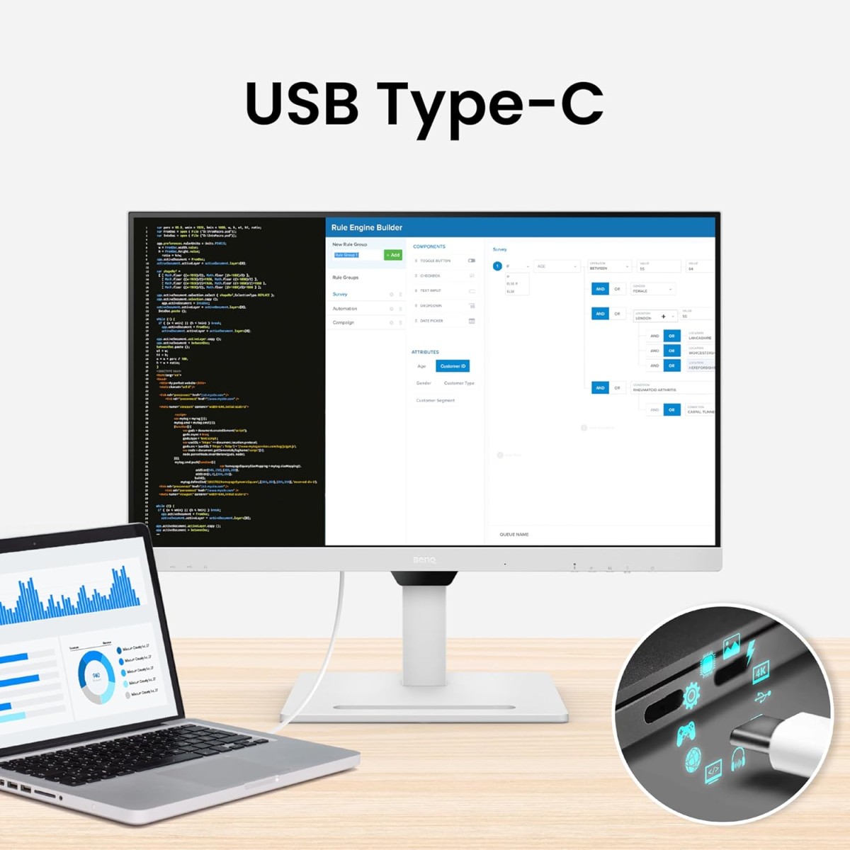 BenQ GW2485TC 24 inch (60 cm) IPS Full HD 75Hz Ultra-Slim Bezel Monitor with Height Adjustment, Eye Care, Brightness Intelligence, Speakers, USB-C (PD 60W), HDMI, DP, Coding Mode, Daisy Chain (Black)