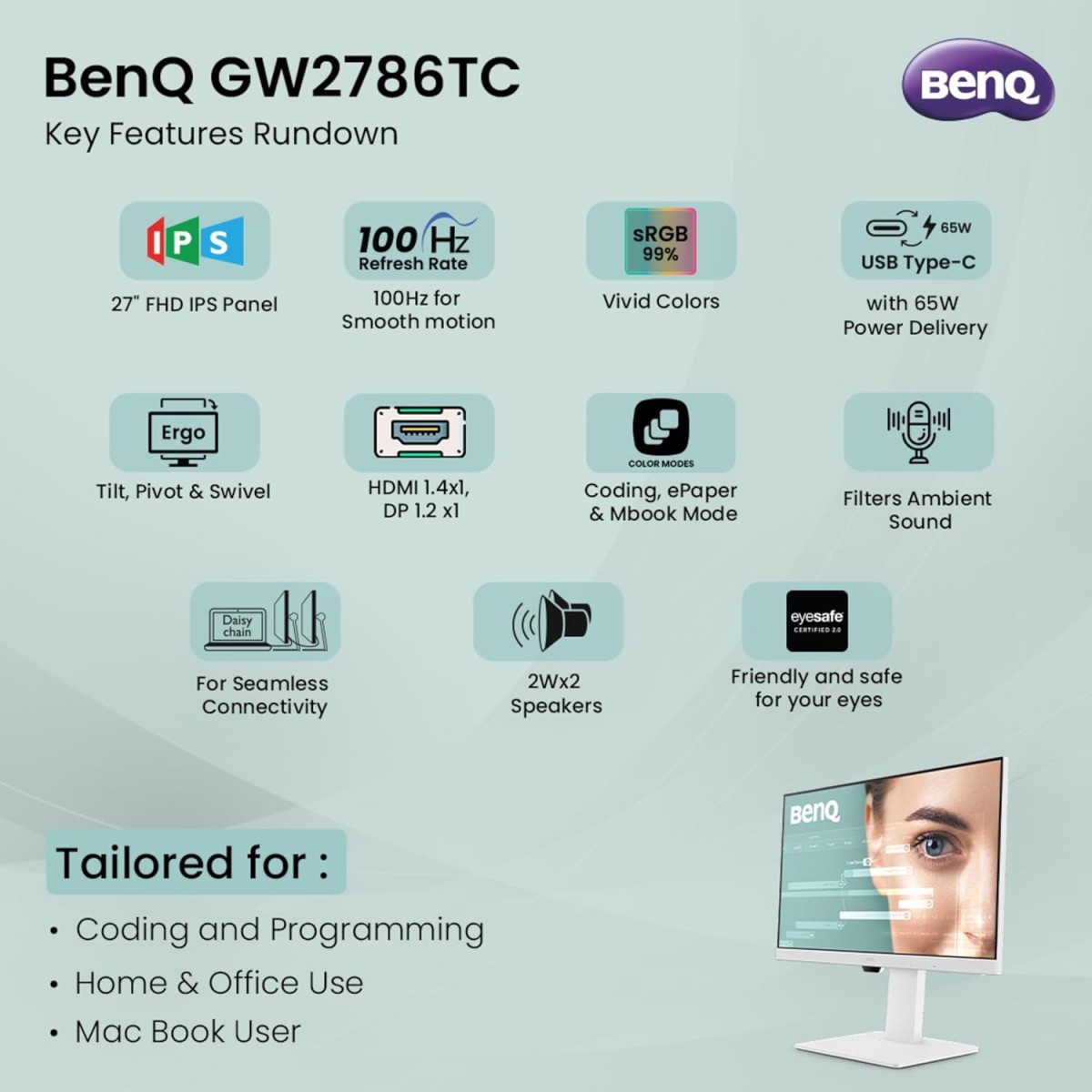 BenQ GW2786TC 27" IPS 100Hz Full HD Coding Monitor |USB-C(65W PD)| Daisy Chain| 99% sRGB| Coding Mode| Height Adjust|HDMI| DP| USB Hub| 2Wx2 Speakers| Eye Care| Noise Cancelling Microphone (White) BenQ GW2786TC 27" IPS 100Hz Full HD Coding Monitor |USB-C(65W PD)| Daisy Chain| 99% sRGB| Coding Mode| Height Adjust|HDMI| DP| USB Hub| 2Wx2 Speakers| Eye Care| Noise Cancelling Microphone (White)