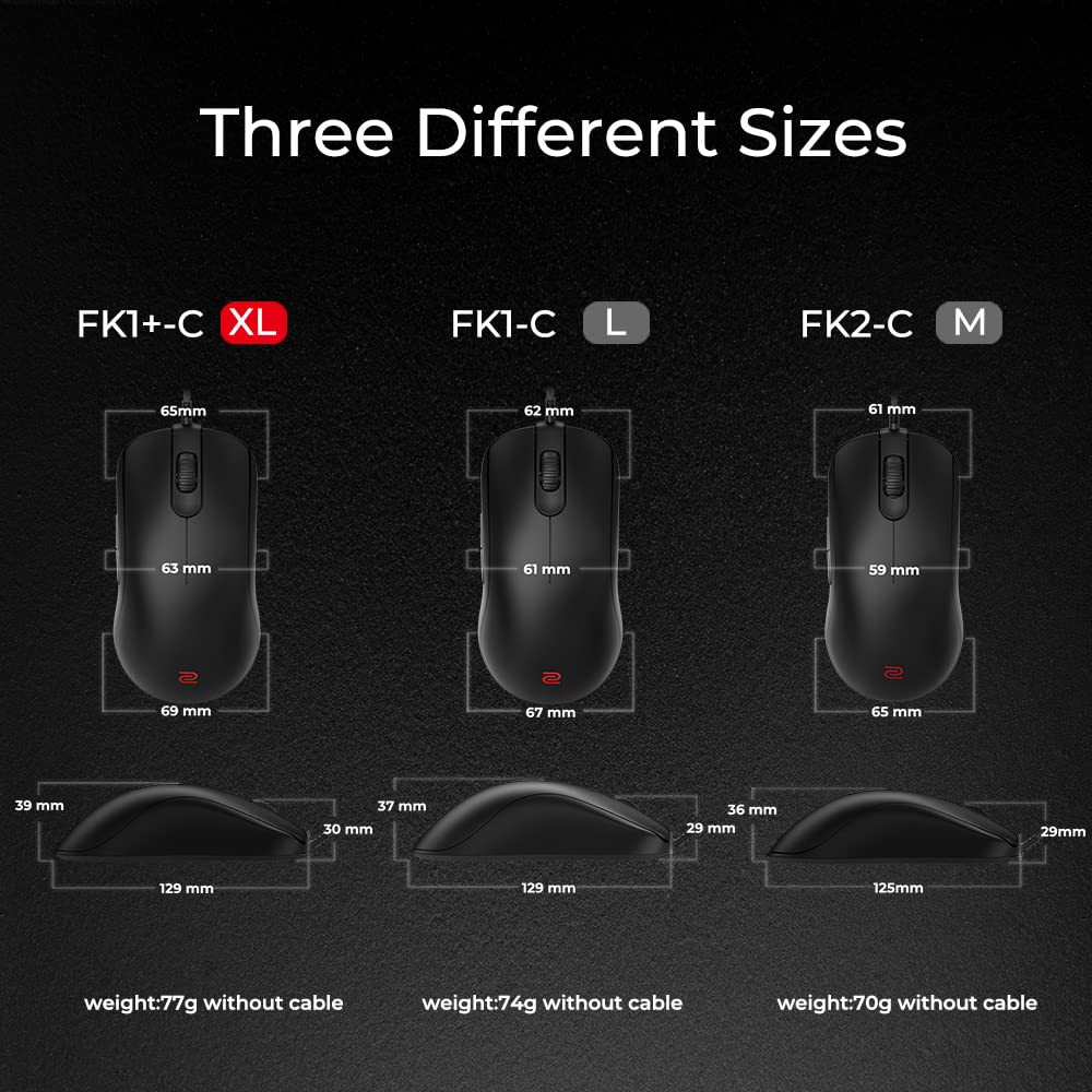 BenQ Zowie Fk1+-C Symmetrical Gaming USB Mouse for Esports |Weight-Reduced | Paracord Cable & 24-Step Scroll Wheel for More Personal Preference| Driverless | Matte Black Coating | Extra Large Size