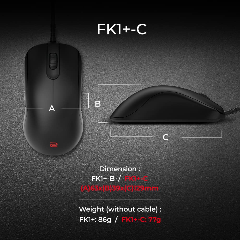 BenQ Zowie Fk1+-C Symmetrical Gaming USB Mouse for Esports |Weight-Reduced | Paracord Cable & 24-Step Scroll Wheel for More Personal Preference| Driverless | Matte Black Coating | Extra Large Size
