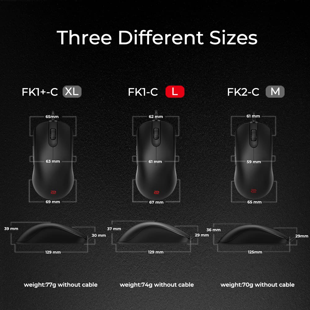 BenQ Zowie Fk1+-C Symmetrical Gaming USB Mouse for Esports |Weight-Reduced | Paracord Cable & 24-Step Scroll Wheel for More Personal Preference| Driverless | Matte Black Coating | Extra Large Size