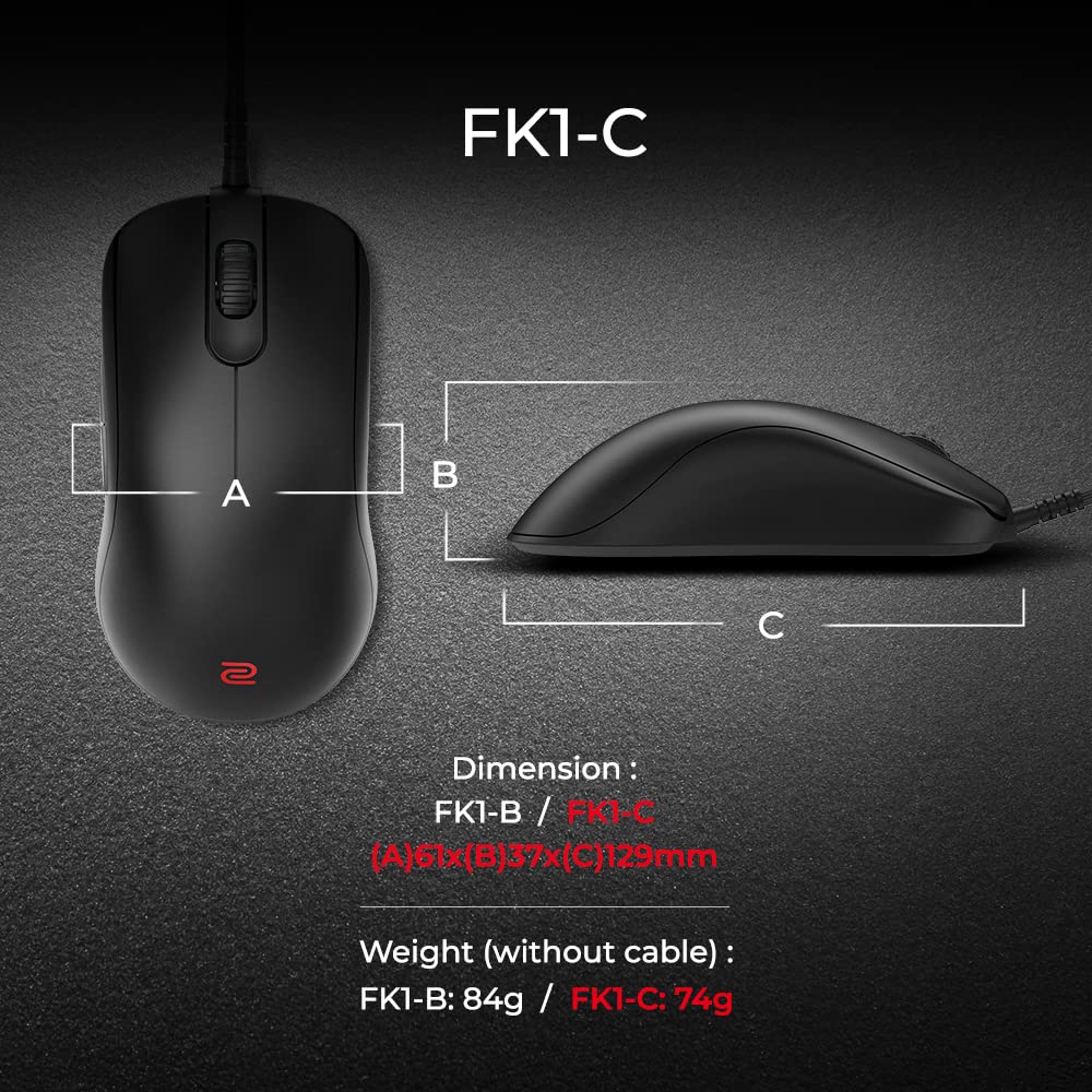 BenQ Zowie Fk1+-C Symmetrical Gaming USB Mouse for Esports |Weight-Reduced | Paracord Cable & 24-Step Scroll Wheel for More Personal Preference| Driverless | Matte Black Coating | Extra Large Size
