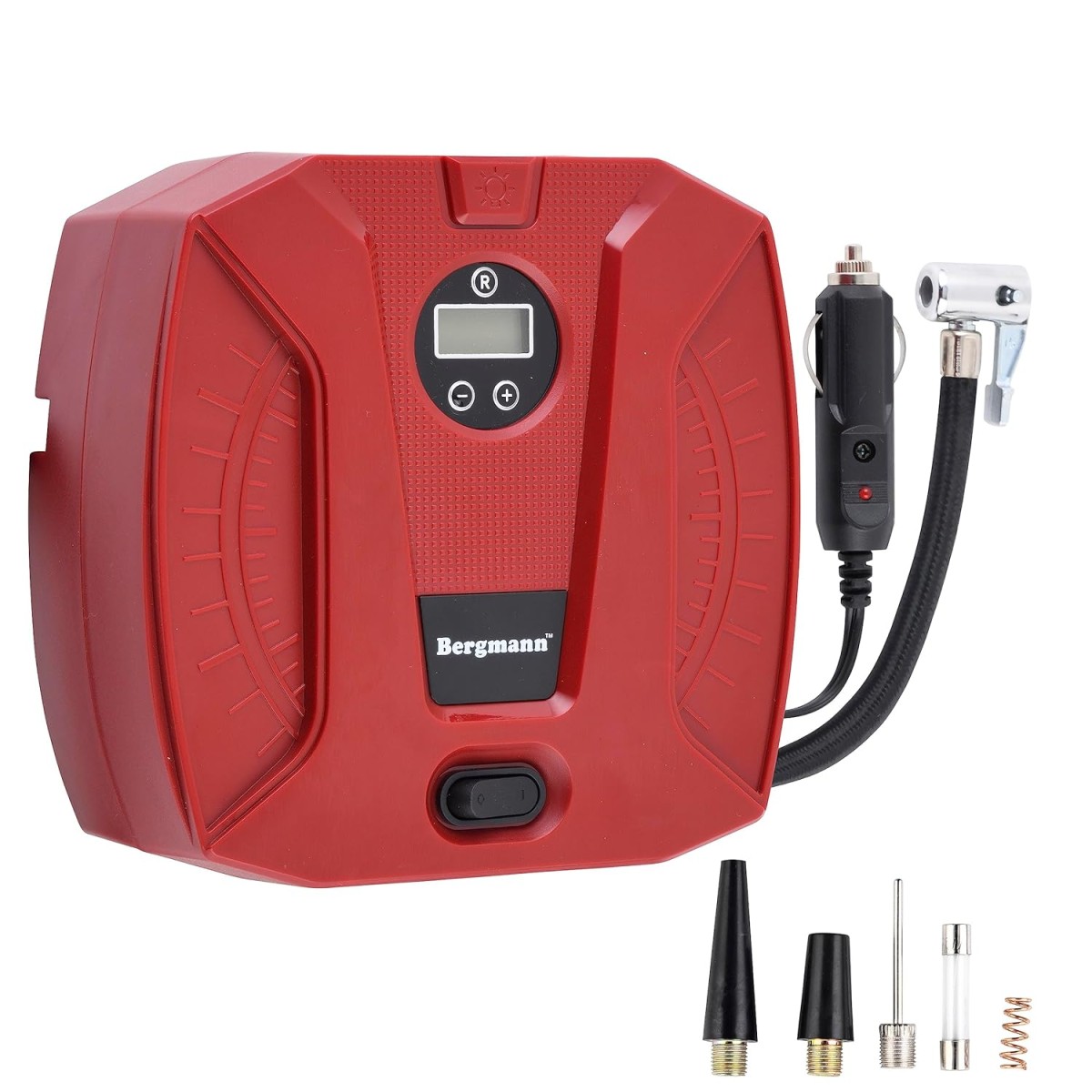 Bergmann Striker Digital Compact & Portable Car & Bike Tyre Inflator | 12V Dc, 120W, 100% Copper Motor | Digital Gauge with Preset & Auto Cut-Off | Braided Hose | Led Light | Red