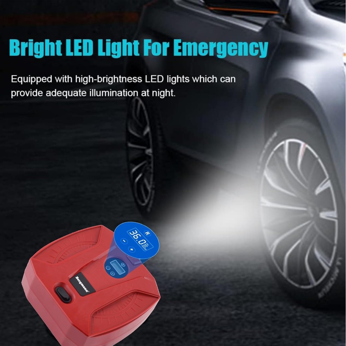 Bergmann Striker Digital Compact & Portable Car & Bike Tyre Inflator | 12V Dc, 120W, 100% Copper Motor | Digital Gauge with Preset & Auto Cut-Off | Braided Hose | Led Light | Red