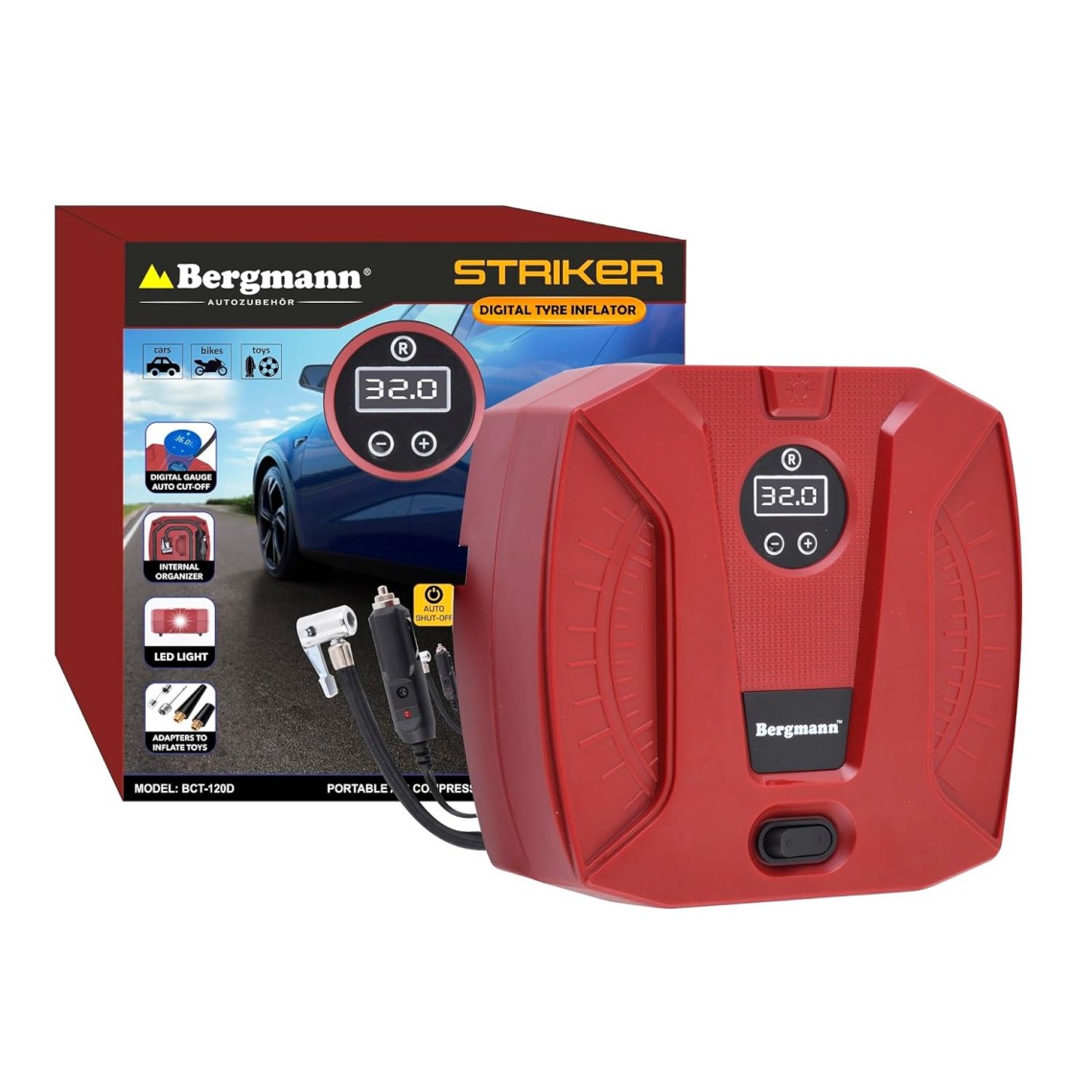 Bergmann Striker Digital Compact & Portable Car & Bike Tyre Inflator | 12V Dc, 120W, 100% Copper Motor | Digital Gauge with Preset & Auto Cut-Off | Braided Hose | Led Light | Red