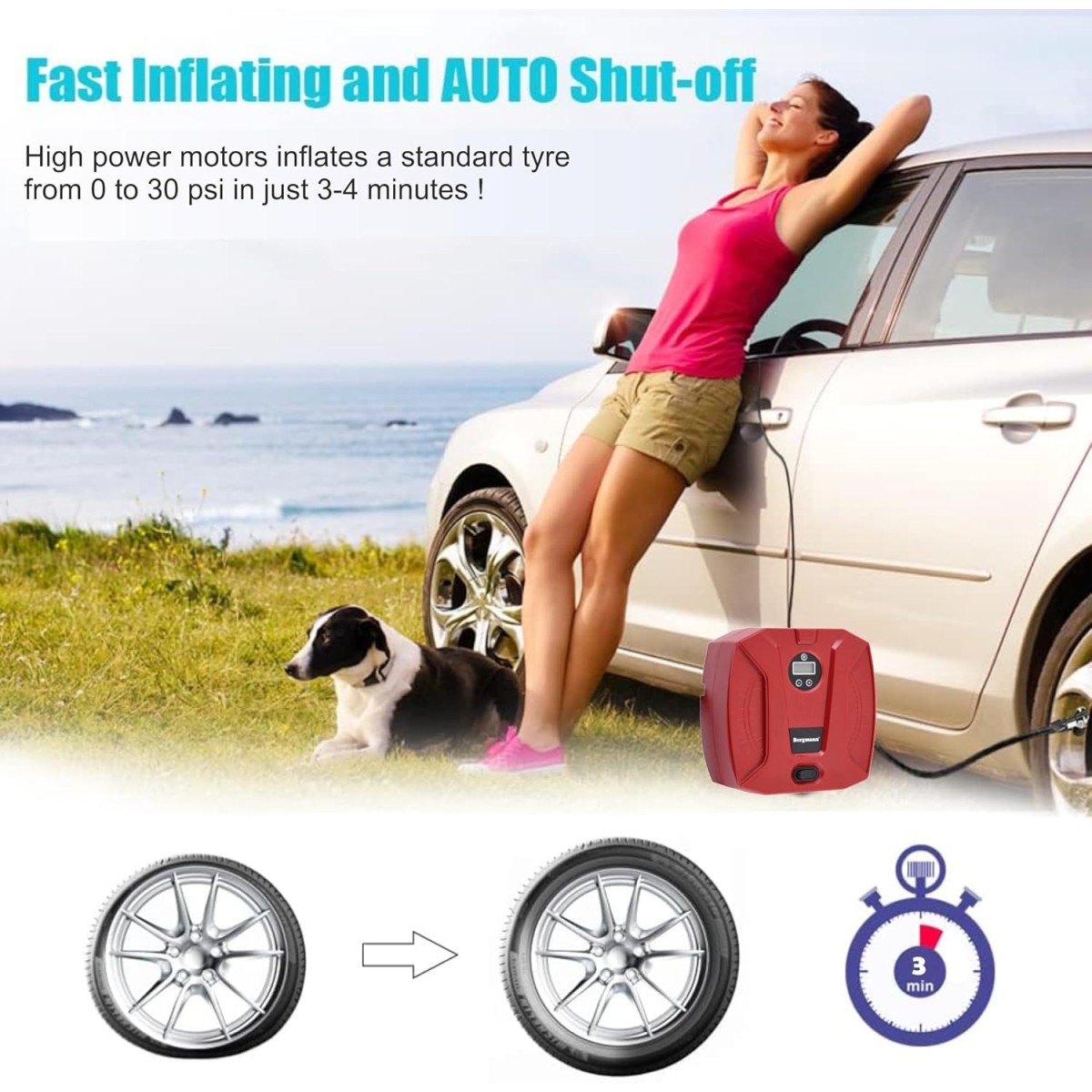 Bergmann Striker Digital Compact & Portable Car & Bike Tyre Inflator | 12V Dc, 120W, 100% Copper Motor | Digital Gauge with Preset & Auto Cut-Off | Braided Hose | Led Light | Red