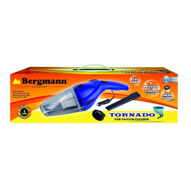 Bergmann Tornado Car Vacuum Cleaner|With Hepa Filter|Sleek Trendy Design|12V Dc,60W|3M Power Cord|Blue,40 Liter Bergmann Tornado Car Vacuum Cleaner|With Hepa Filter|Sleek Trendy Design|12V Dc,60W|3M Power Cord|Blue,40 Liter