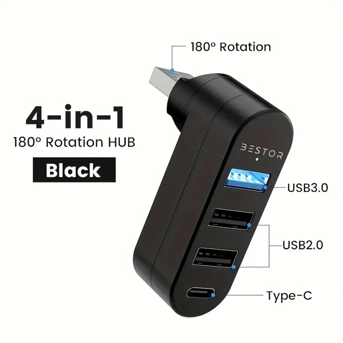 Bestor 4-Port USB 3.0 Hub, Rotatable 90°/180° USB Splitter with 3 USB Ports & 1 USB-C Power/Data Port, USB Extender for Laptop