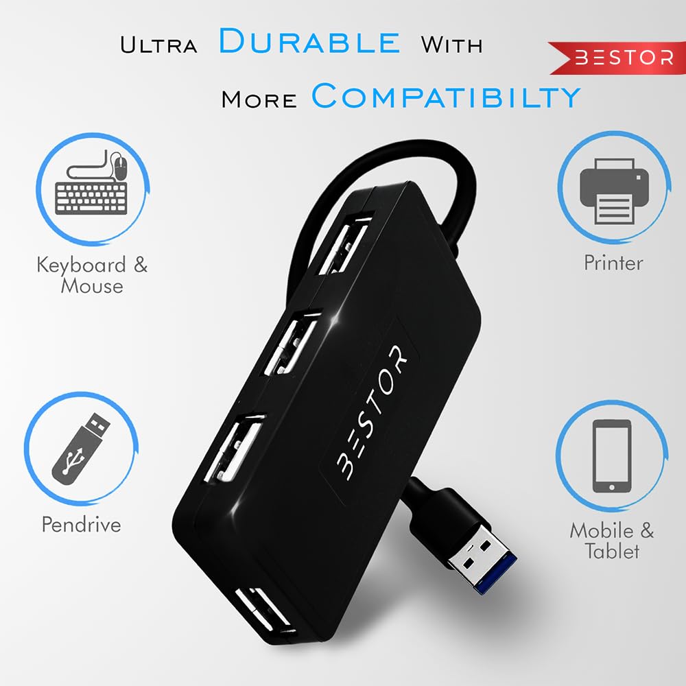 Bestor 4-in-1 USB Hub, 480Mbps High-Speed Multiport Dock with 0.9m Cable, Compatible with PC, Laptops & USB Devices – Black