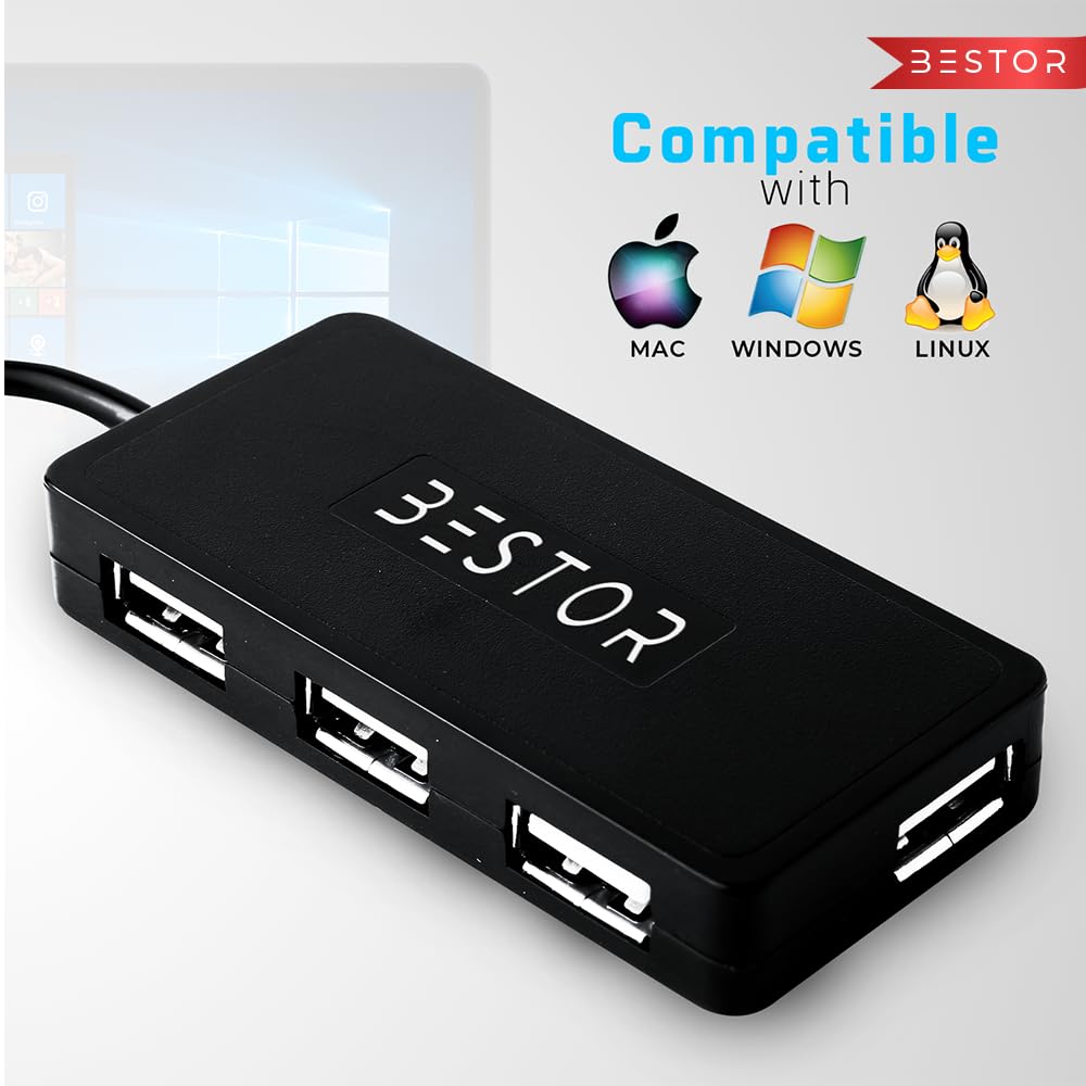 Bestor 4-in-1 USB Hub, 480Mbps High-Speed Multiport Dock with 0.9m Cable, Compatible with PC, Laptops & USB Devices – Black