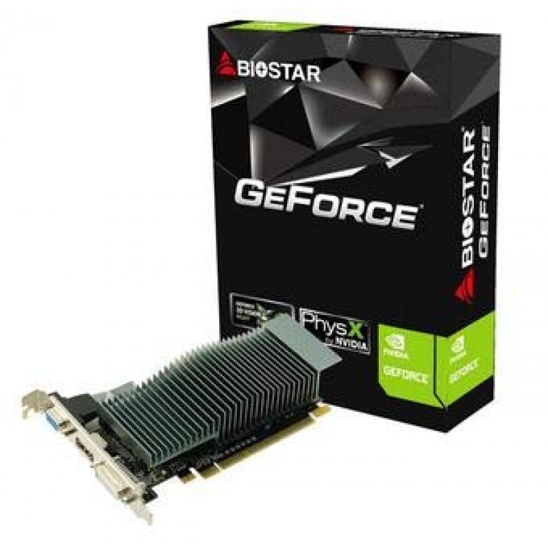 Biostar NVIDIA GeForce G210 1GB Graphics Card, 1GB GDDR3, 64 Bit, VGA/DVI/HDMI Edition, PCI Express 2.0 x16 Bus Interface, 1 x DVI/1 x HDMI/1 x D-Sub