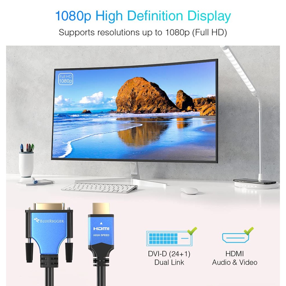 BlueRigger HDMI to DVI Cable (6FT, High-Speed, Bi-Directional Adapter Male to Male, DVI-D 24+1, 1080p, Aluminum Shell) Graphics Card