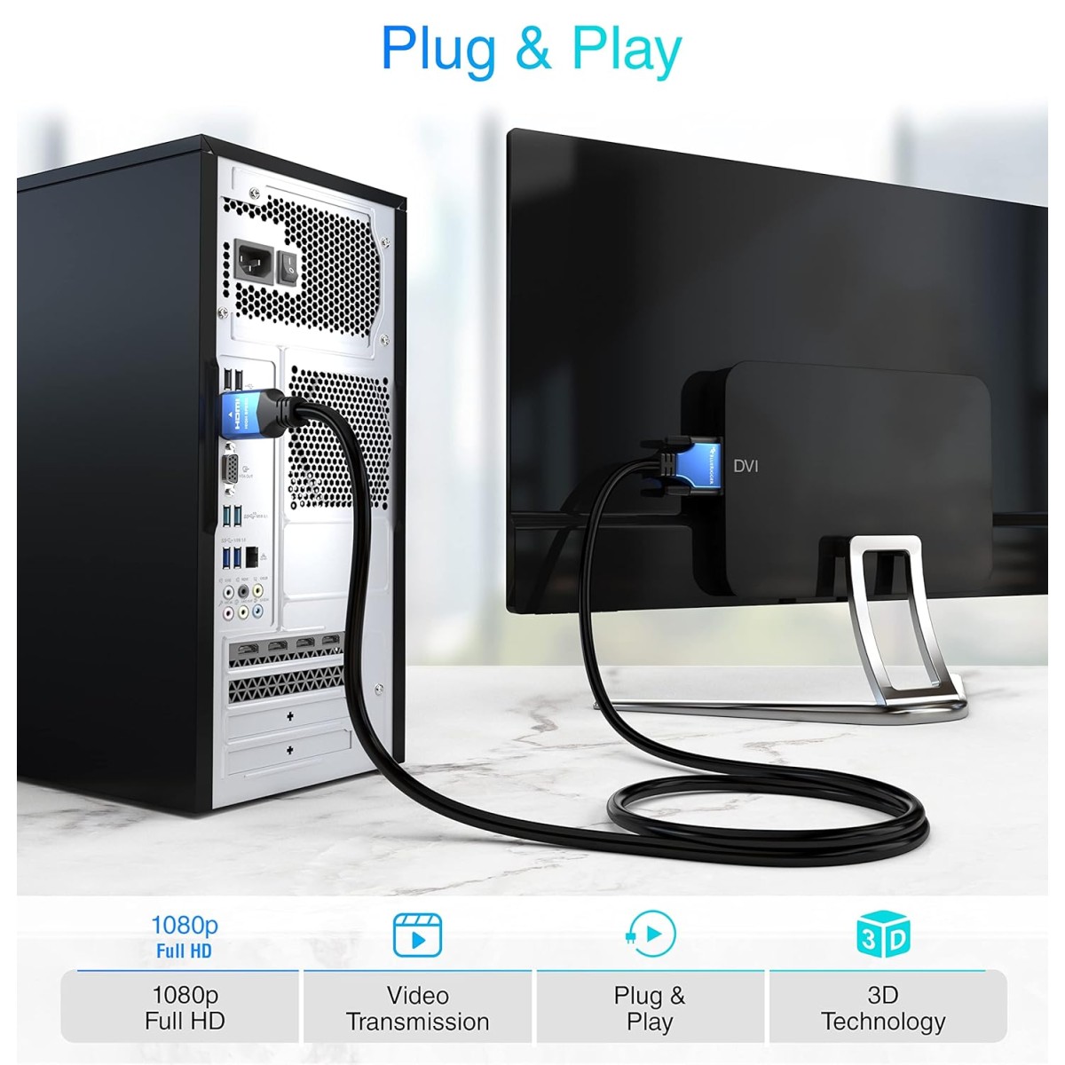 BlueRigger HDMI to DVI Cable (6FT, High-Speed, Bi-Directional Adapter Male to Male, DVI-D 24+1, 1080p, Aluminum Shell) Graphics Card