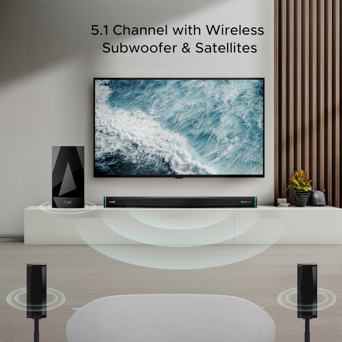 Boat Aavante Bar 5400D, 550W Dolby Audio, 5.1 CH with Wireless Subwoofer & Satellites,LED Modes & Display,Decor Enhancing Design, Bluetooth Sound Bar, Home Theatre Soundbar Speaker (Premium Black) Boat Aavante Bar 5400D, 550W Dolby Audio, 5.1 CH with Wireless Subwoofer & Satellites,LED Modes & Display,Decor Enhancing Design, Bluetooth Sound Bar, Home Theatre Soundbar Speaker (Premium Black)