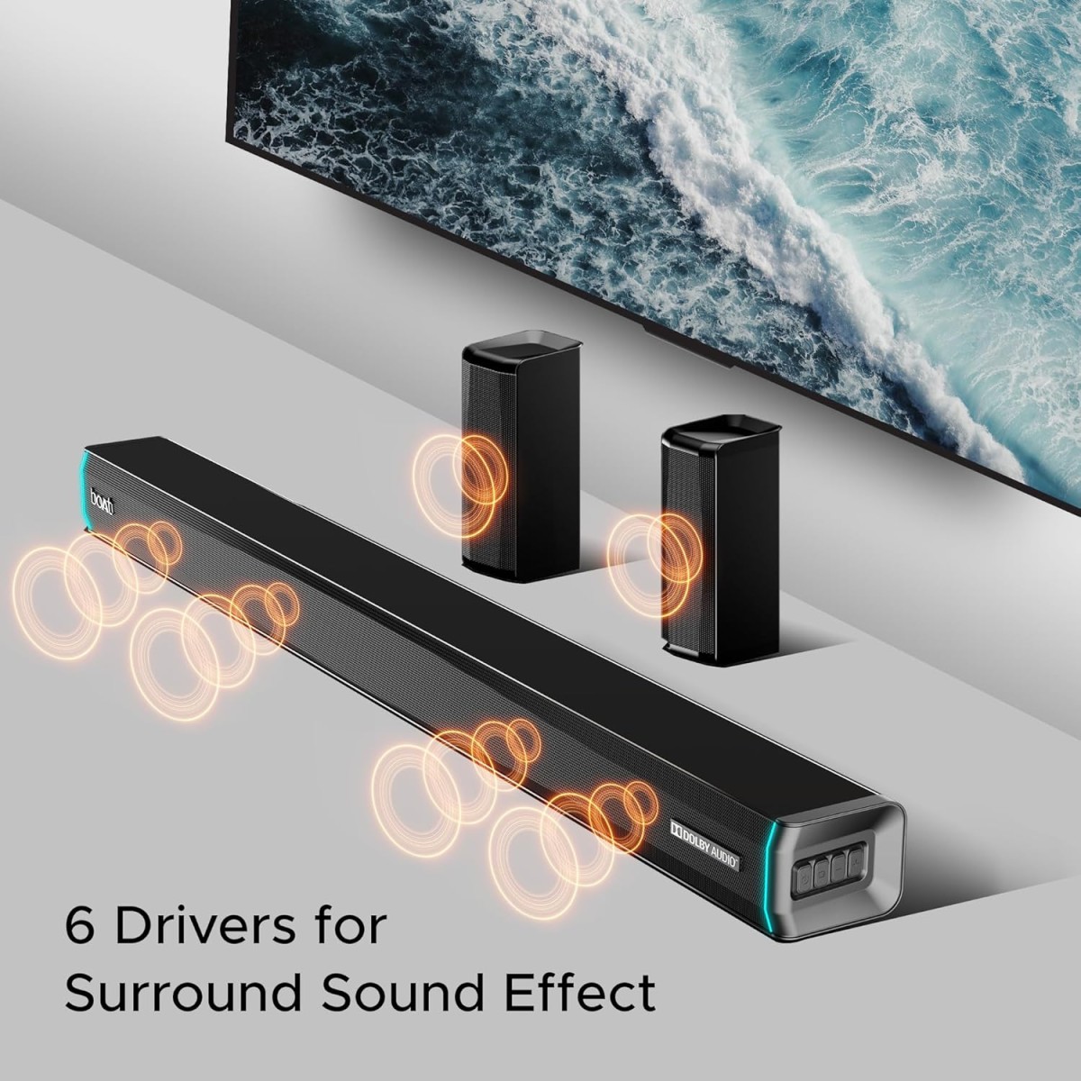 Boat Aavante Bar 5400D, 550W Dolby Audio, 5.1 CH with Wireless Subwoofer & Satellites,LED Modes & Display,Decor Enhancing Design, Bluetooth Sound Bar, Home Theatre Soundbar Speaker (Premium Black) Boat Aavante Bar 5400D, 550W Dolby Audio, 5.1 CH with Wireless Subwoofer & Satellites,LED Modes & Display,Decor Enhancing Design, Bluetooth Sound Bar, Home Theatre Soundbar Speaker (Premium Black)