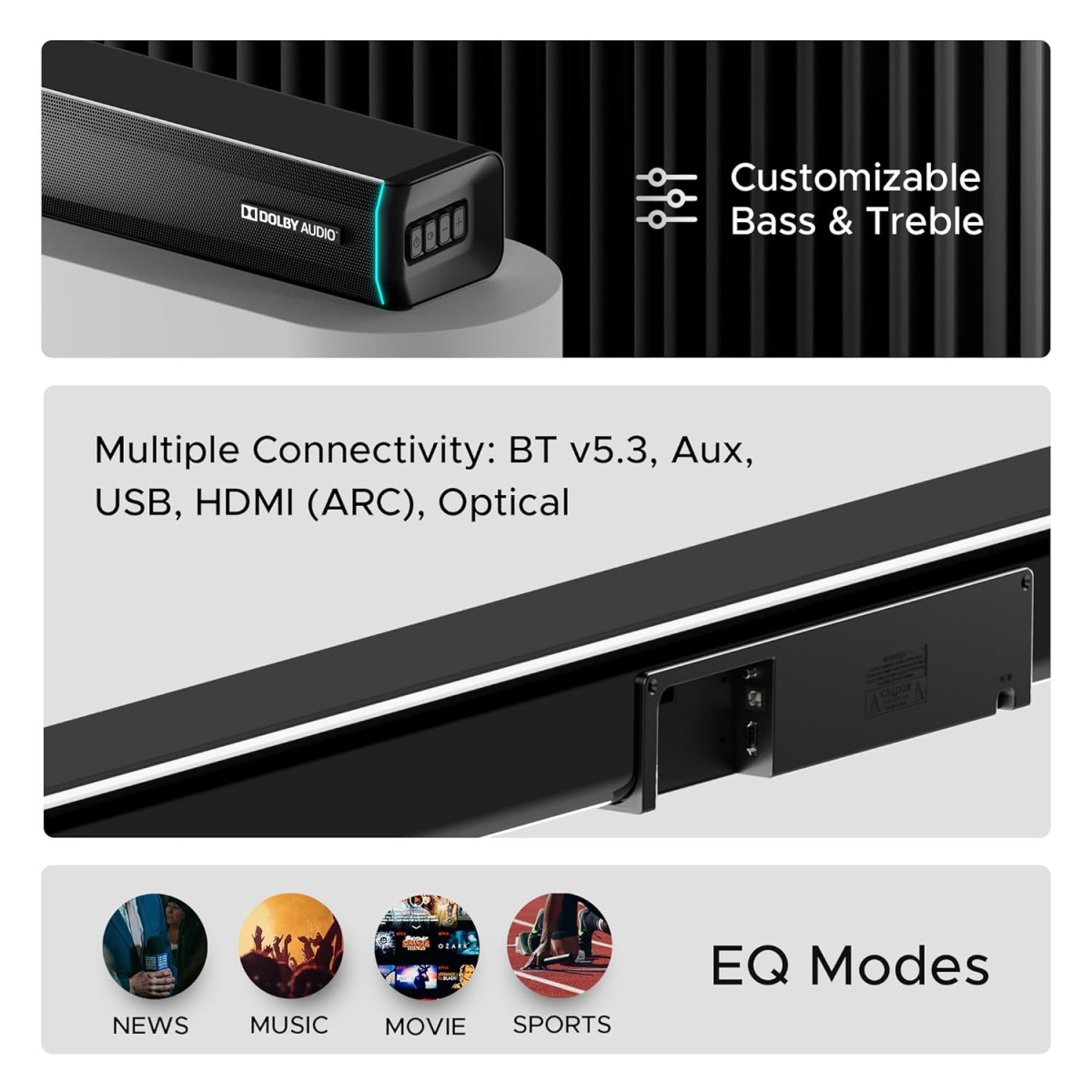 Boat Aavante Bar 5400D, 550W Dolby Audio, 5.1 CH with Wireless Subwoofer & Satellites,LED Modes & Display,Decor Enhancing Design, Bluetooth Sound Bar, Home Theatre Soundbar Speaker (Premium Black) Boat Aavante Bar 5400D, 550W Dolby Audio, 5.1 CH with Wireless Subwoofer & Satellites,LED Modes & Display,Decor Enhancing Design, Bluetooth Sound Bar, Home Theatre Soundbar Speaker (Premium Black)