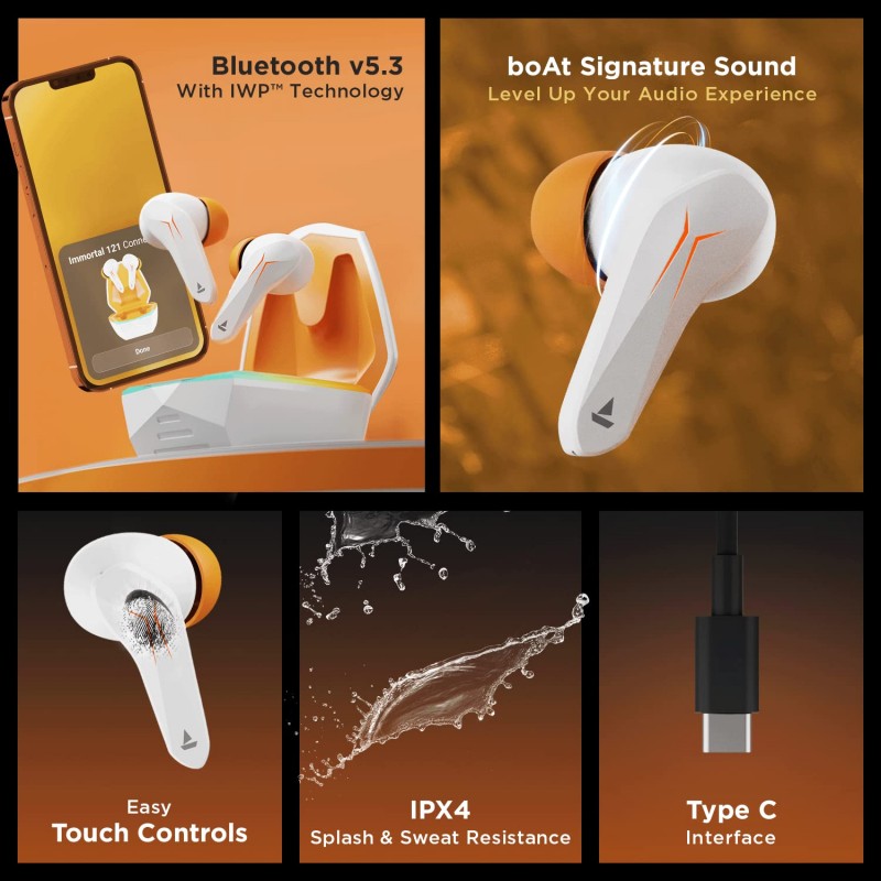 Boat Immortal 121 TWS Earbuds with Beast™ Mode(40ms Low Latency) for Gaming, 40H Playtime, Blazing LEDs, Quad Mics ENx™, Boat Signature Sound, ASAP™ Charge(10 Mins= 180 Mins)(White Sabre) Boat Immortal 121 TWS Earbuds with Beast™ Mode(40ms Low Latency) for Gaming, 40H Playtime, Blazing LEDs, Quad Mics ENx™, Boat Signature Sound, ASAP™ Charge(10 Mins= 180 Mins)(White Sabre)