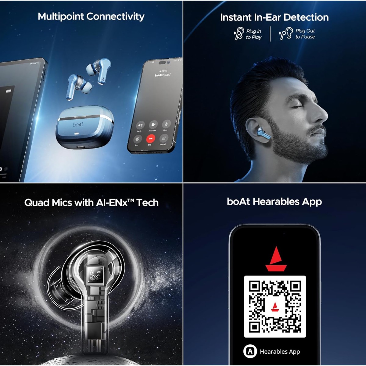 Boat Nirvana Space, 360º Spatial Audio, Active Noise Cancellation (~32dB), 100Hrs Battery,4Mics ENx, Fast Charge, v5.3 Bluetooth Earbuds, TWS Ear Buds Wireless Earphones with mic (Infinity Blue) Boat Nirvana Space, 360º Spatial Audio, Active Noise Cancellation (~32dB), 100Hrs Battery,4Mics ENx, Fast Charge, v5.3 Bluetooth Earbuds, TWS Ear Buds Wireless Earphones with mic (Infinity Blue)