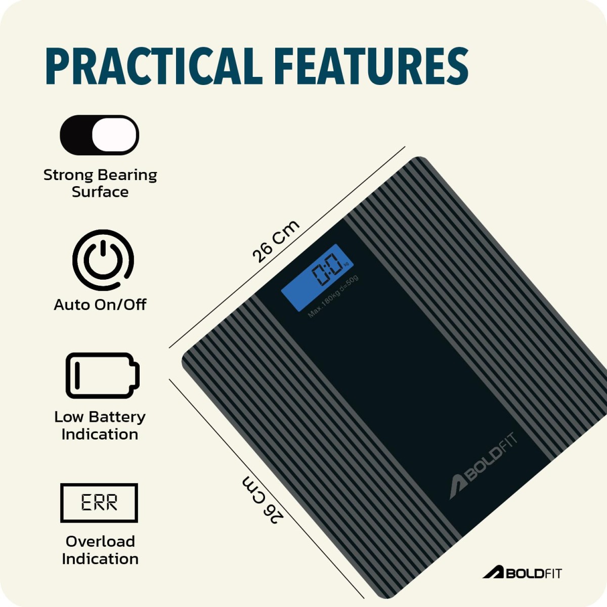 Boldfit Weight Machine for Body Weight Machine Digital Bathroom Scale for Human Body Weight Measurement Extra Thick Weighing Scale with LCD Display 36Months Warranty, Black,Max Weight 180Kgs