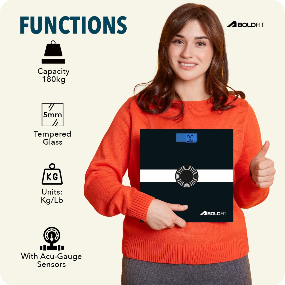 Boldfit Weight Machine for Body Weight Machine Digital Bathroom Scale for Human Body Weight Measurement Extra Thick Weighing Scale with LCD Display 36Months Warranty, Black,Max Weight 180Kgs