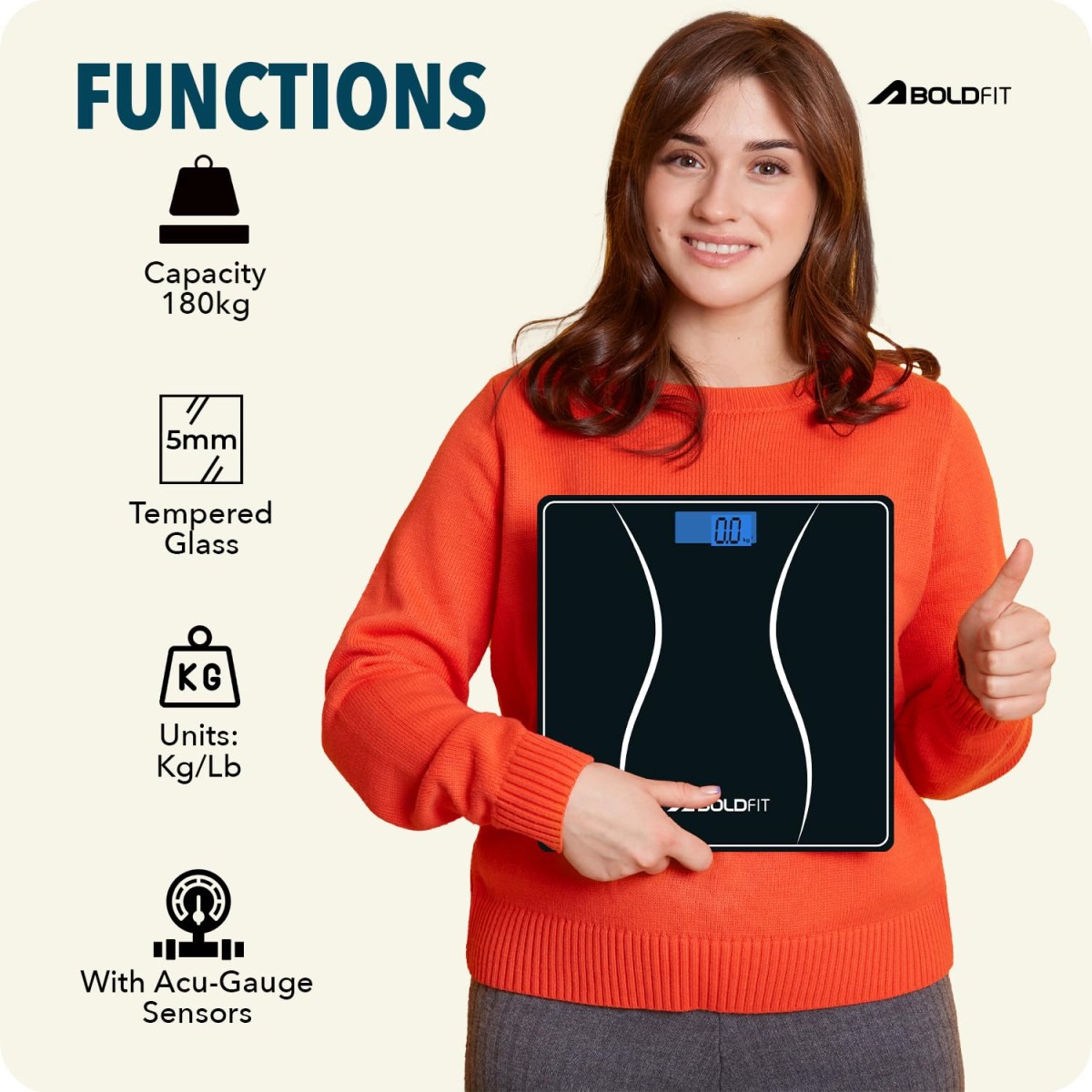 Boldfit Weight Machine for Body Weight Machine Digital Bathroom Scale for Human Body Weight Measurement Extra Thick Weighing Scale with LCD Display 36Months Warranty, Black,Max Weight 180Kgs