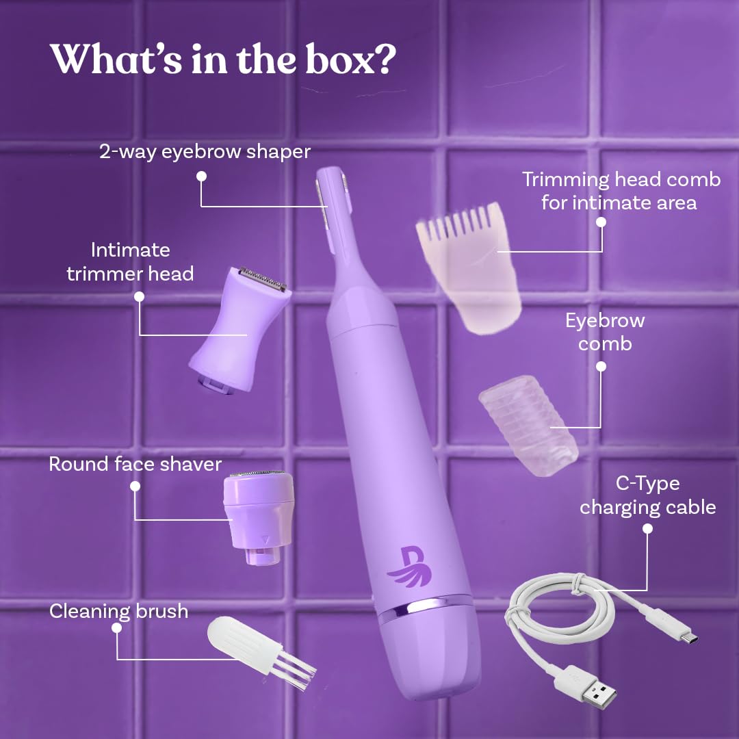 Bombae 6-in-1 Sensitive | Trimmer for Women | Bikini trimmer for women | Facial hair trimmer attachment | 90 mins runtime | C type charging | Waterproof, portable, quick, gentle & painless Bombae 6-in-1 Sensitive | Trimmer for Women | Bikini trimmer for women | Facial hair trimmer attachment | 90 mins runtime | C type charging | Waterproof, portable, quick, gentle & painless