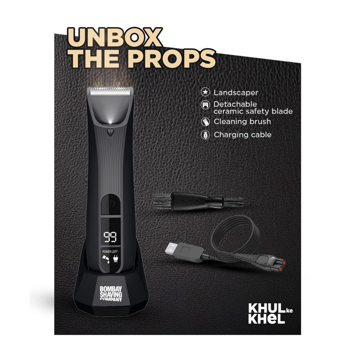 Bombay Shaving Company Balls Trimmer | Pubic Hair Trimmer and Body Groomer for Men | Private Part Trimmer For Men, Waterproof (IPX7), Cordless, LED Display, LED Torch, Safe Ceramic Blades, Dock Charging | LANDSCAPER 2.0 (Black)
