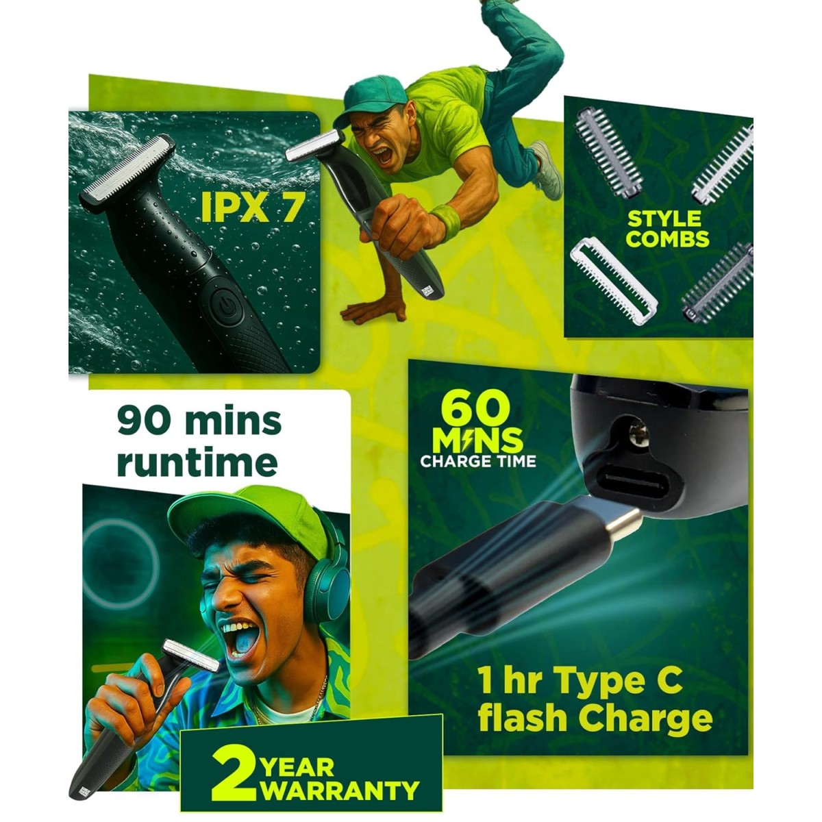 Bombay Shaving Company OmniBlade 3-in-1 Beard and Body Trimmer For Men | Trim, Style, Shave | Type C Flash Charging | Multi Length Settings Comb, Detachable Blades | Gifts For Men