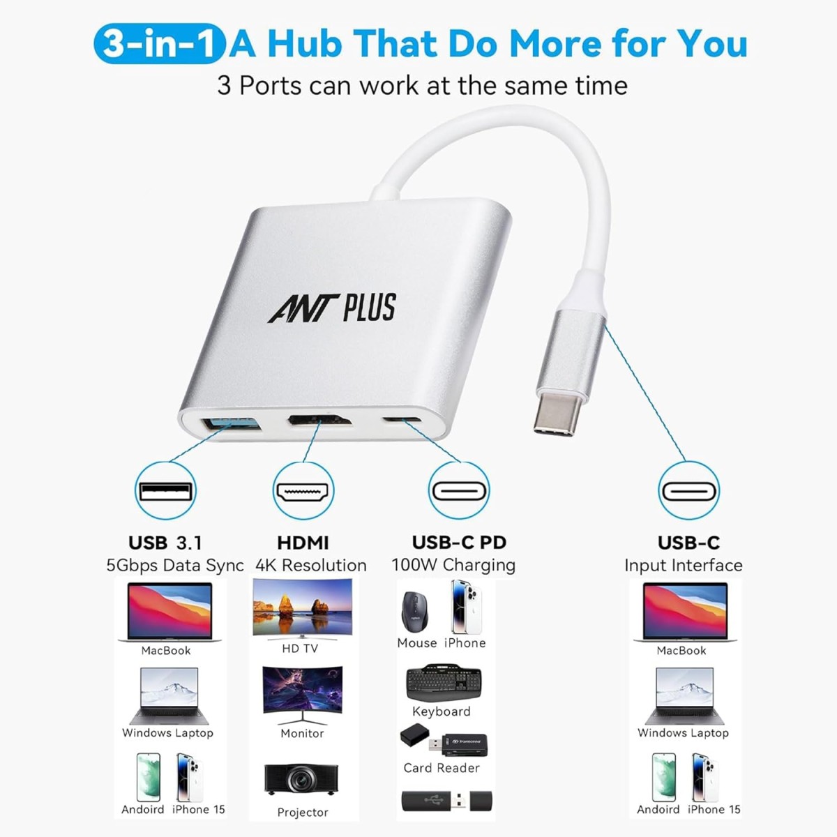 Booster 301 USB 3.1 Type-C to HDMI/USB3.0/Type-C Adapter - White