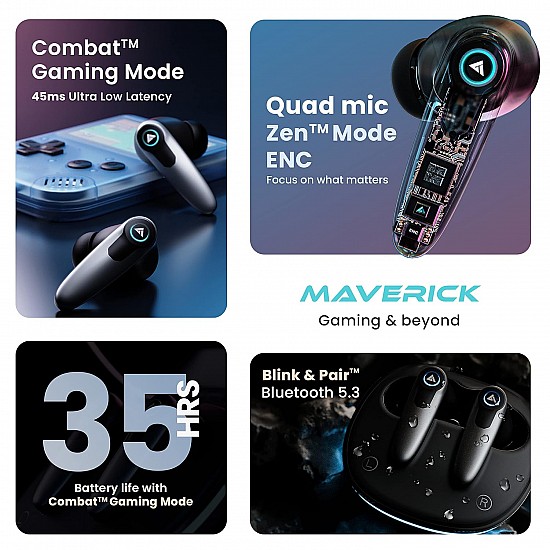 Boult Audio Maverick with 35H Playtime, 45ms Xtreme Low Latency Mode, Quad Mic ENC, Type C Fast Charging (10Mins=120Mins), 10mm Drivers, BT 5.3, IPX5 Airbass True Wireless in Ear Earbuds (Black)