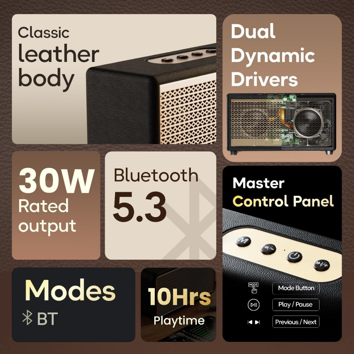 Boult Newly Launched Retroamp Z30 with 30W Bluetooth Speaker with Dual Dynamic Drivers, 10Hrs Playtime, Rugged Leather Body, Type-C Charging, AUX/USB Modes, BT 5.3 Portable Speaker (Vintage Gold)