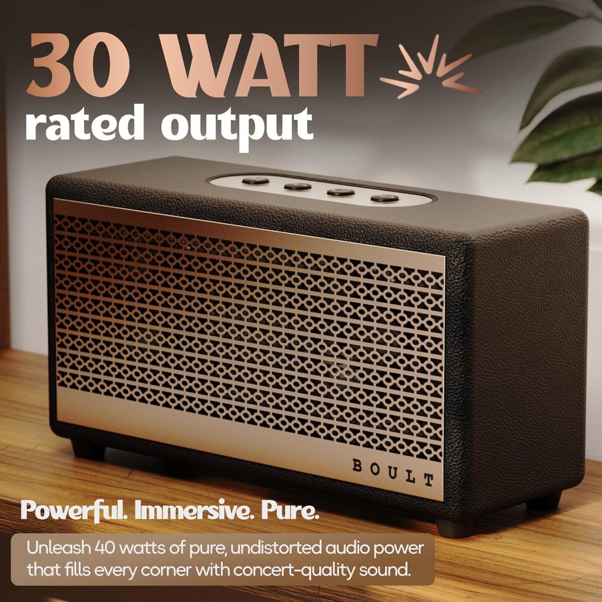 Boult Newly Launched Retroamp Z30 with 30W Bluetooth Speaker with Dual Dynamic Drivers, 10Hrs Playtime, Rugged Leather Body, Type-C Charging, AUX/USB Modes, BT 5.3 Portable Speaker (Vintage Gold)