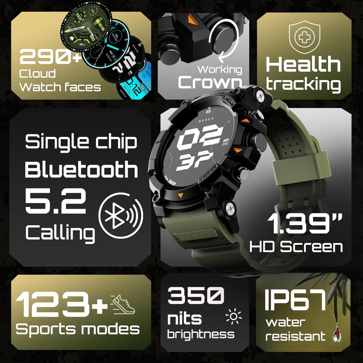 Boult Thrux Smartwatch 1.39'' HD Display, BT Calling 5.2, 350 Nits Brightness, IP67, 290+ Watchfaces, 120+ Sports Modes,GPS Tracking, AI Voice Assistant, SpO2 Monitoring (Green) Boult Thrux Smartwatch 1.39'' HD Display, BT Calling 5.2, 350 Nits Brightness, IP67, 290+ Watchfaces, 120+ Sports Modes,GPS Tracking, AI Voice Assistant, SpO2 Monitoring (Green)