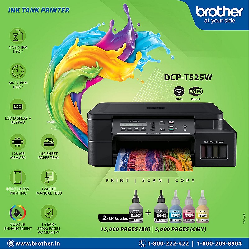 Brother DCP-T525W - Wi-Fi Color Ink Tank Multifunction All in One Printer for Home & Office