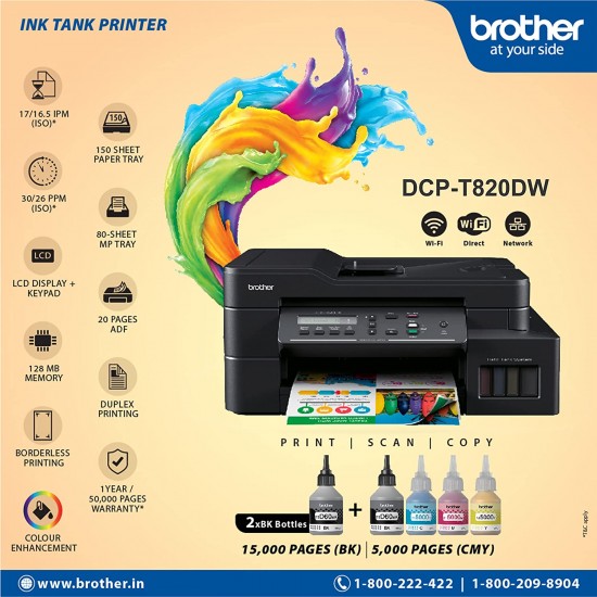 Brother DCP-T820DW All-in One Ink Tank Refill System Printer with Wi-Fi and Auto Duplex Printing 