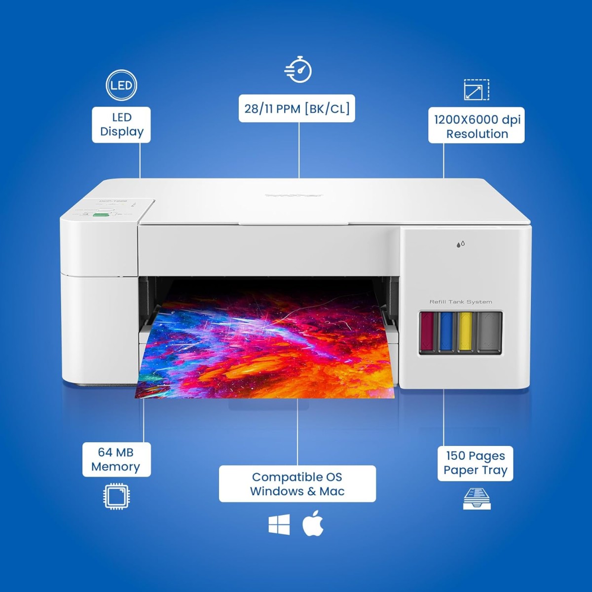 Brother Ink Tank DCP-T226 All in One (Print Scan Copy) Color Printer Best for Home, 64 MB, 150 Sheet Paper Tray, USB, Print Up to 7.5 K Pages in Black