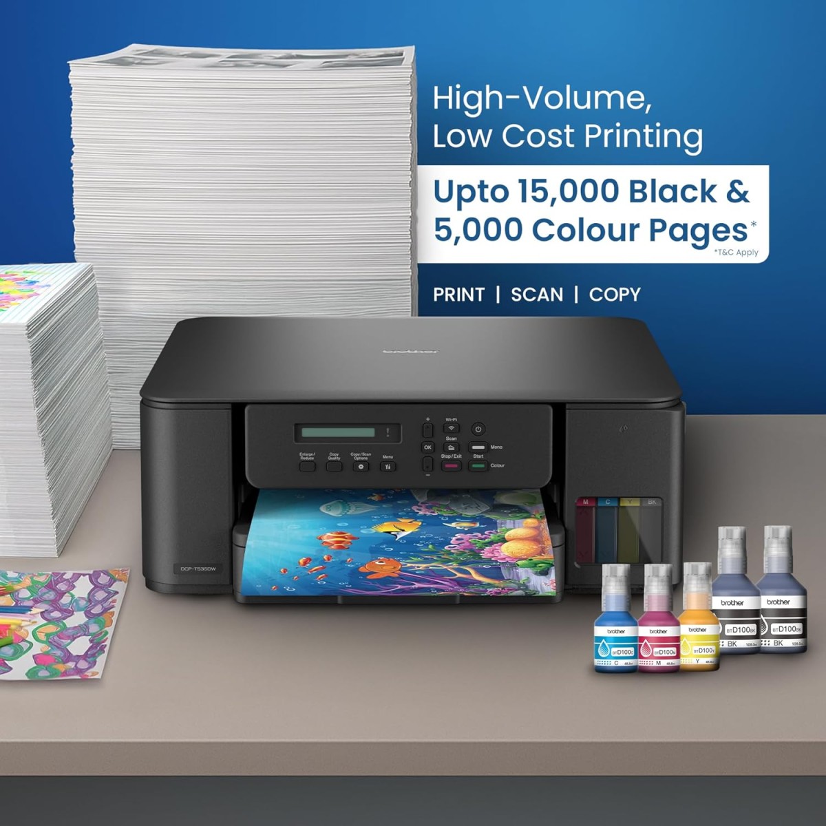 Brother Ink Tank DCP-T535DW New Launch (Print Scan Copy) WiFi Auto Duplex Printer, 128MB Memory, Print Pages Upto 15K in Black & 5K in Color Each (CMY) Get an Extra Black Ink Bottle, Free Installation