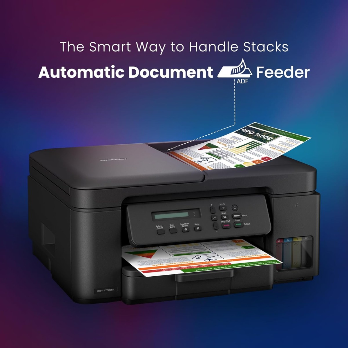Brother Ink Tank DCP-T730DW (New Launch) WIFI Auto Duplex Color Multifunction Printer (Print Scan Copy), ADF, Print Upto 15K Pages Black & 5K in Color Each for(CMY), Extra Black Ink, Free Installation